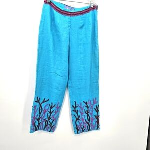 CJ Laing Beaded Beachy Linen Flat Front Pants Womens Size 6